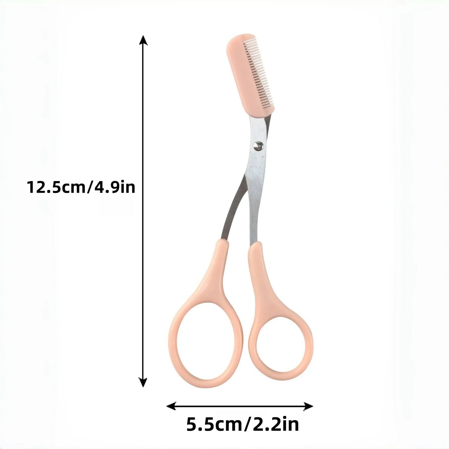 Pink eyebrow trimming scissors with built-in comb - stainless steel, precise grooming tool, creating perfect eyebrows